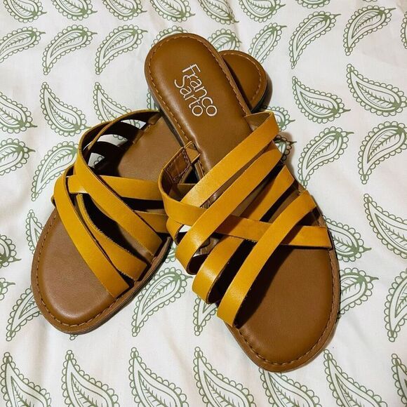 Franco Sarto Graceleigh Mustard Yellow Strappy Sandals Pull On Slides 8 - Picture 3 of 14